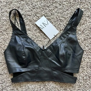 Zara Crop Top Bustier Black Faux Leather Cut Out Bra Size Small NWT - Picture 1 of 5