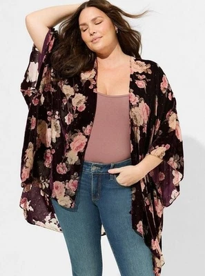 Cárdigan Kimono Floral Rosa Burnout Terciopelo Borgoña Torrido Talla Única Foto 1 de 4