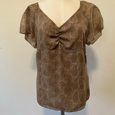 复古女式 Y2K 婴儿娃娃上衣,尺寸 L 棕色佩斯利花边纽扣侧飘袖 — 第 1/4 张图片