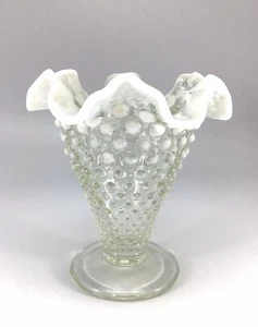 Vintage Fenton Vase Hobnail White Opalescent Ruffled Edge Moonstone Clear - Picture 1 of 6