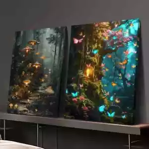 Lienzo arte de pared mariposas doradas hongos brillantes bosque fantasía 2 piezas sin marco - Imagen 1 de 8
