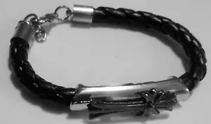 bracciale cordino intrecciato nero croce gotica su supporto argento 8"-9" - Foto 1 di 7