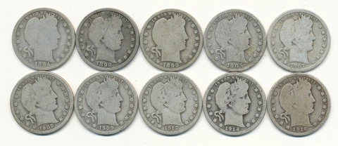 LOT OF 10 DIFFERENT BARBER SILVER QUARTERS 1894 TO 1916 Cover