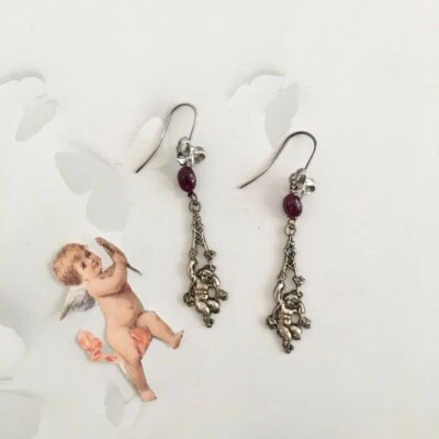 Orecchini Angelo Vintage Ottone Rubino Pietra Fiocco Argento 925 - Immagine 1 di 4