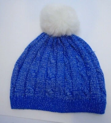 Gymboree Kids' Blue silver Beanie Winter Hat - Size small pompom fur top - Image 1 of 4