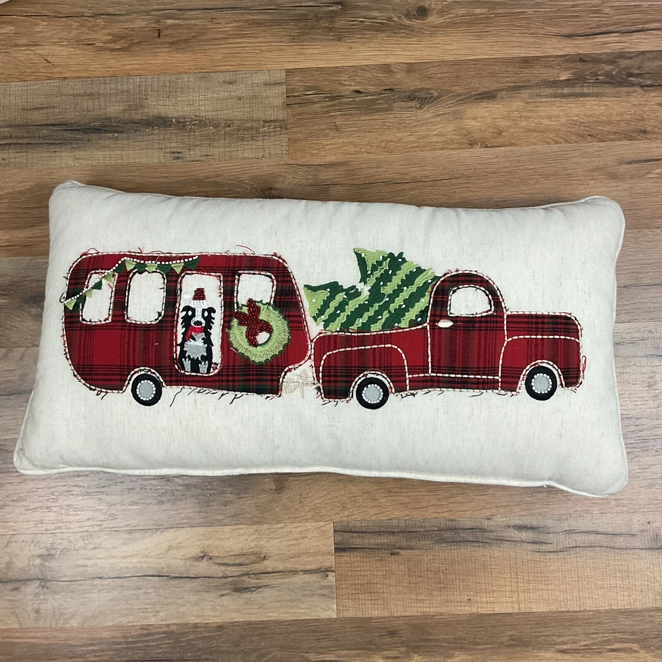 Truck Camper Trailer RV Dog Holiday Christmas Throw Pillow 23”x12”x5.5” w/Beads - Изображение 1 из 4