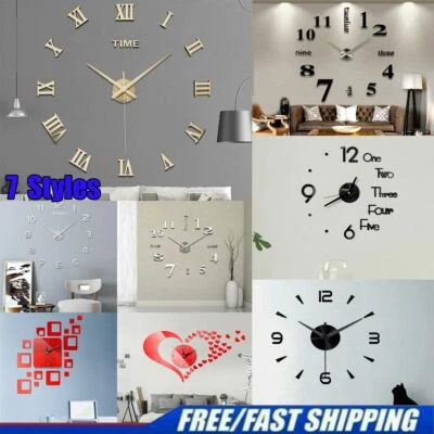 7 Styles Modern DIY Large Wall Clock 3D Mirror Surface Sticker Home Office Decor - Image 1 of 4