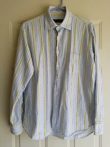 San Remo Mens L Button Front Long Sleeve Beautiful Blue Yellow Navy White Shirt - Picture 1 of 12