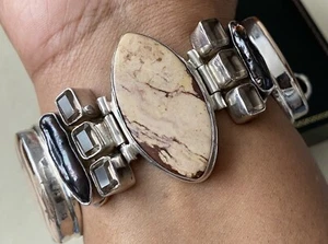 Vintage Sterling Silver Heavy Chunky Chocolate Jasper Rose Quartz Bracelet 925 - Picture 1 of 5