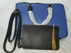 ladies handbags blue and black two piece one big bag one small pouch - Picture 1 of 12