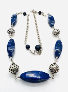 Lange Sterling Silber Lapislazuli Halskette filigran Perlen 44 gm Vintage Schmuck - Bild 1 von 9