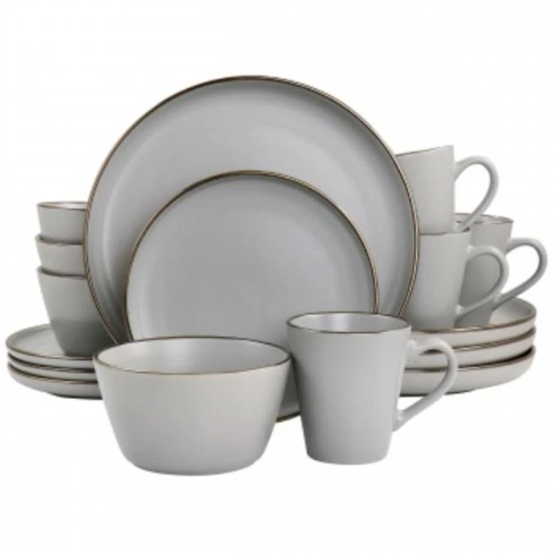 Elama Louis 16 Piece Stoneware Dinnerware Set In Matte Slate With Gold Rim - Image 1 of 1