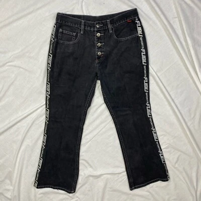 90s y2k FUBU sports black jeans size 11/12 side stripe spellout skater flare VTG - Image 1 of 4