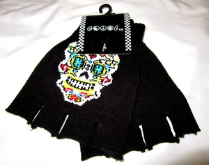BLACK WITH SUGAR SKULL  STARBURST KNIT FINGERLESS GLOVES WINTER WOMENS MEN-NEW! - Picture 1 of 1