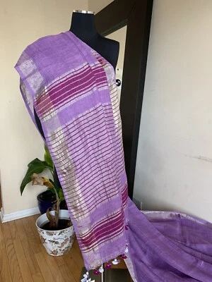 Sari de lino lavanda puro orgánico ropa de fiesta diseñador tejido a mano Foto 1 de 4