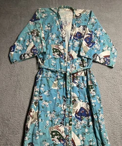 Vintage japanische Kimono Robe Halstuch - Einheitsgröße - Gold Geisha Blumenmuster blau - Bild 1 von 12