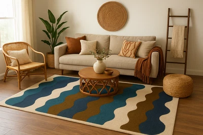 Modern Bohemian Wave Pattern Area Rug – Blue, Brown & Beige Living Room Carpet - Image 1 of 4