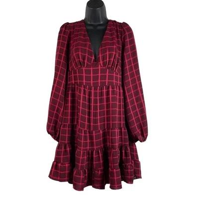 B Darlin 女式迷你连衣裙栗色红色 13/14 码深 V 领长袖方格 — 第 1/4 张图片