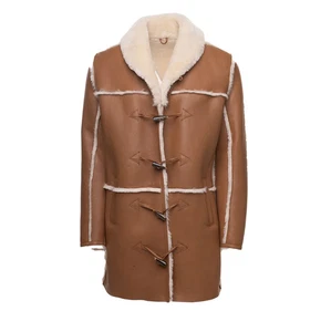 Men’s Sheepskin Shearling Long Coat Brown Leather Winter Duffle Jacket Warm - Picture 1 of 7