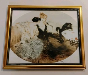 Impresión Louis Icart enmarcada damas con gato y pez dorado 8 X 10" Art Deco - Imagen 1 de 7
