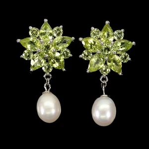 925 Sterling Silver Earrings Pear Peridot Mop Natural Gemstone Jewelry - Picture 1 of 13