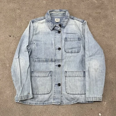 J Crew Jacket Women Medium Denim Chore Bandana Paisley Collar Hemp Blend — 第 1/4 张图片