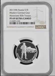 2017 Russia Modern Combat Gear Motorized Rifle 1 Rouble NGC PF 69 UC Silver Coin - Picture 1 of 2