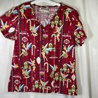 Disney Tinkerbell Small Christmas Scrub Top Red Ornaments Candy Canes Preowned