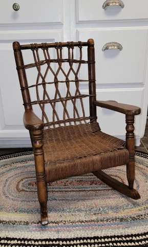 AMAZING ANTIQUE VINTAGE CHILDREN'S ROPE WOVEN MAPLE ROCKING CHAIR 24 x 20 x 15 Cover