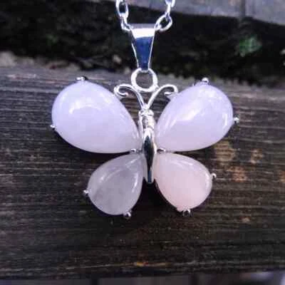 Collana ciondolo farfalla autentico quarzo rosa con GARANZIA argento 925 NUOVA - Immagine 1 di 4