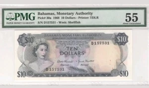 1968 BRITISH COLONY BAHAMAS $10 **RARE** PMG55 <P-30a>   AUNC        - Picture 1 of 2