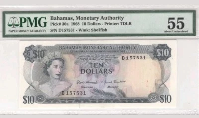 1968 BRITISH COLONY BAHAMAS $10 **RARE** PMG55 <P-30a>   AUNC        - Image 1 of 2