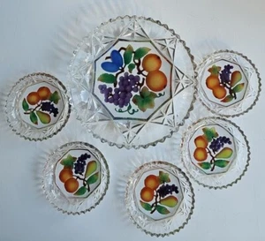 Vintage Antique Patterned Glass Plate Painted Intaglio Fruit & 26, 13cm Dishes - Picture 1 of 9