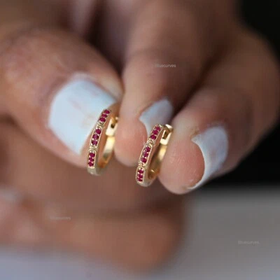 Natural Ruby 9mm Hoops Earrings 14k Yellow Gold, Natural Ruby Mini Huggies Hoops - Image 1 of 4