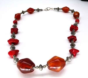 Large Tibetan Carnelian, Red Coral & Silver bead Necklace- 27.5 inches 131 grams - Picture 1 of 9