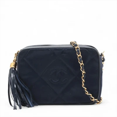 Bolsa de ombro Chanel Matelasse cetim x pele de cordeiro corrente franja azul marinho ouro metal - Imagem 1 de 4