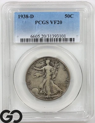 1938-D Walking Liberty Half Dollar, PCGS VF-20 ** Lower Mintage Key Date! - Image 1 of 2
