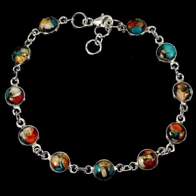 Pulsera de plata de ley 925 redonda Kingman turquesa 6 mm joyas de piedras preciosas 7 pulgadas Foto 1 de 4