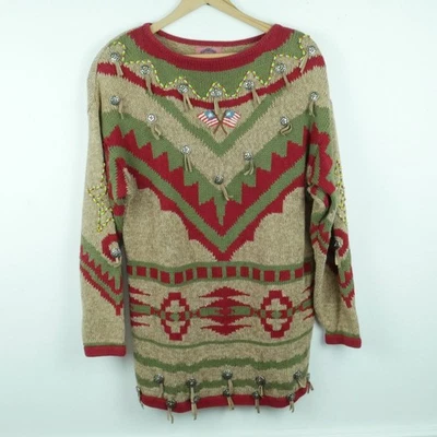 复古 L 毛衣 90 年代西部 Concho Rodeo 西南波西米亚女牛仔串珠嬉皮士 — 第 1/4 张图片