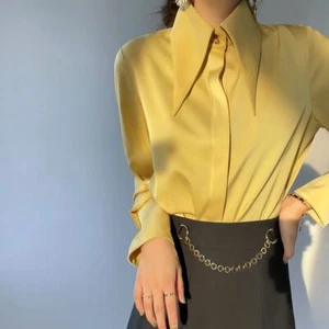 Damen Satin Button Down Hemd Langarm Freizeit Büro Revers Bluse Top - Bild 1 von 19