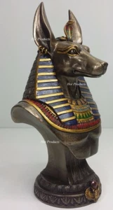 9" Egyptian Anubis Jackal Bust on Plinth Statue Sculpture Antique Bronze Color - Picture 1 of 4