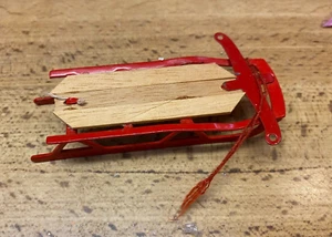 Taiwan Miniature Mini Metal Red & Wood Sleigh Ornament 2 3/4" - Picture 1 of 2