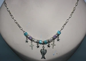 Religious Cross & Angle Wings Necklace Silver Beaded Women's Fashion Jewelry NWT - Picture 1 of 4