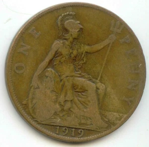 UK 1919 Bronze Penny (95% Copper) Pence Great Britain ---- EXACT COIN PICTURED - Picture 1 of 2