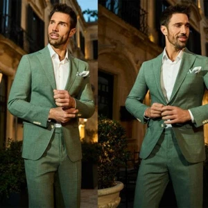 Grüner Leinenanzug Für Männer Business Casual Stil Sommer Hochzeit Bräutigam - Picture 1 of 14