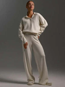 Women Sweater Set Johnny Collar Long Sleeve Knit Acrylic Top and Pants 2 Pcs - Picture 1 of 28