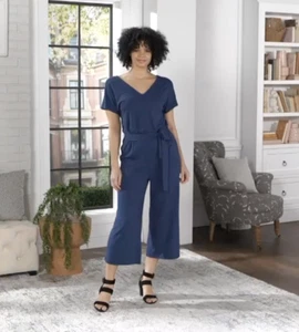 AnyBody Textured Soft Knit Tie-Front Wide Leg Jumpsuit Navy Blue Size 1X - Picture 1 of 5