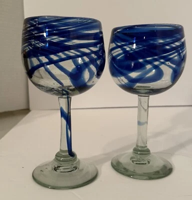 2件套手工吹制葡萄酒杯蓝色漩涡重型艺术玻璃-穆拉诺风格 — 第 1/4 张图片