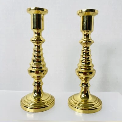 VTG Pair Baldwin Solid Brass MCM Beehive Tapered Candlesticks 5" Round Base USA - Image 1 of 4