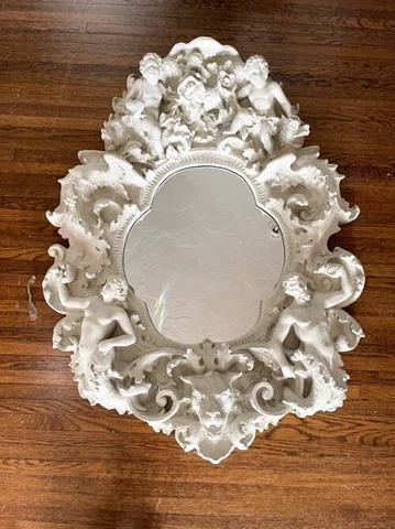Vintage Mid Century Finesse Originals Molded Cherubs Large Ornate Stone Mirror Cover